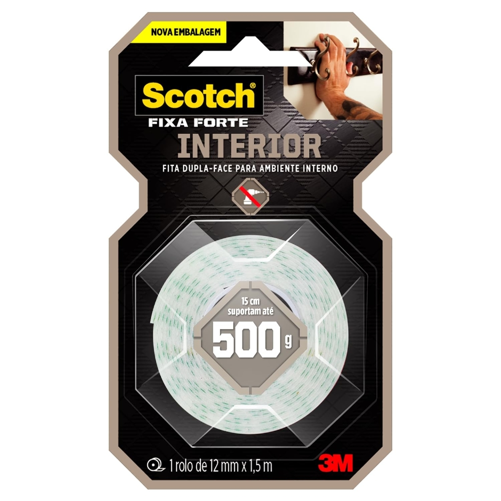 Fita Dupla Face Scotch 3M 12mm x 1,5Mt Fixa Forte Espuma