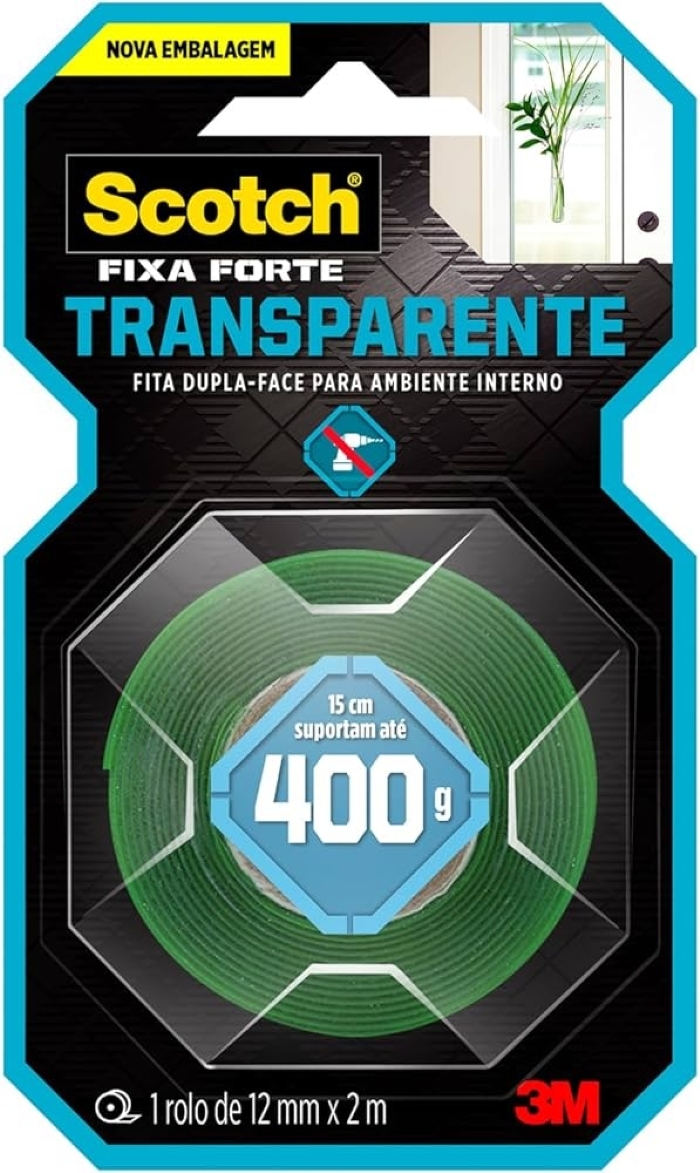Fita Dupla Face Scotch 3M 12mm x 2m Fixa Forte Transparente