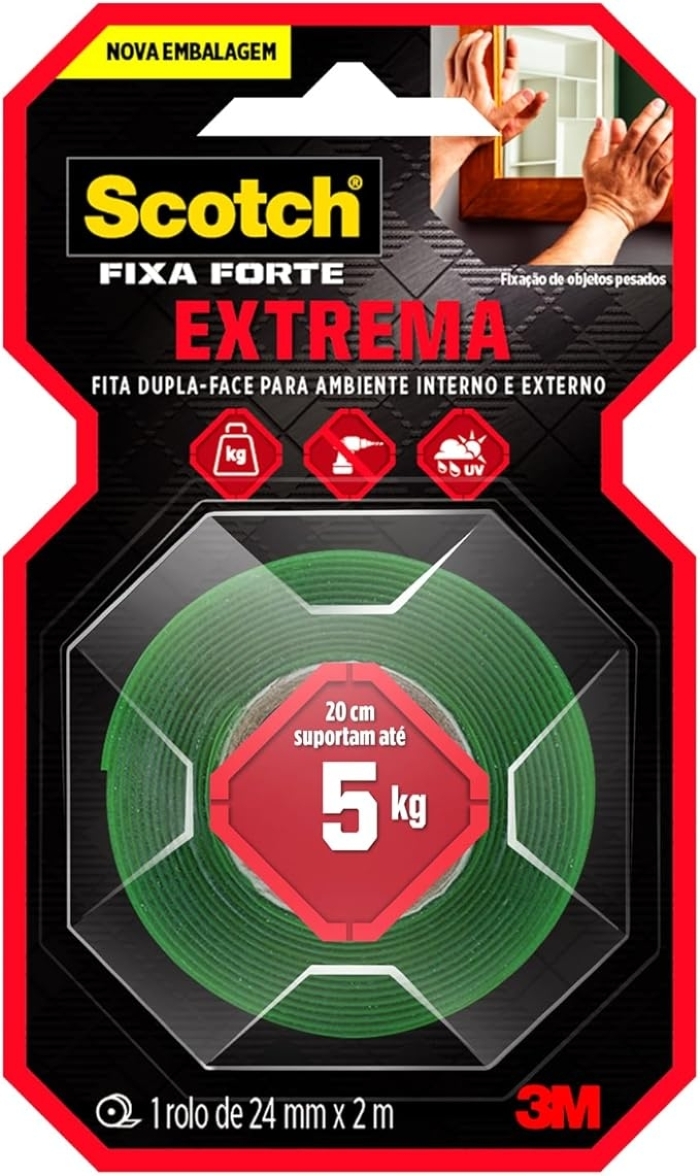 Fita Dupla Face Scotch 3M 24mm x 2m Fixa Forte Fixação Extrema