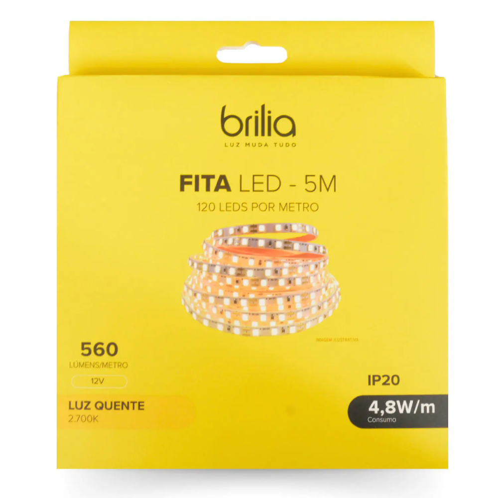 Fita Led Brilia com 5Mts 4,8W/M 3000K Branco Quente12V IP20 -308398