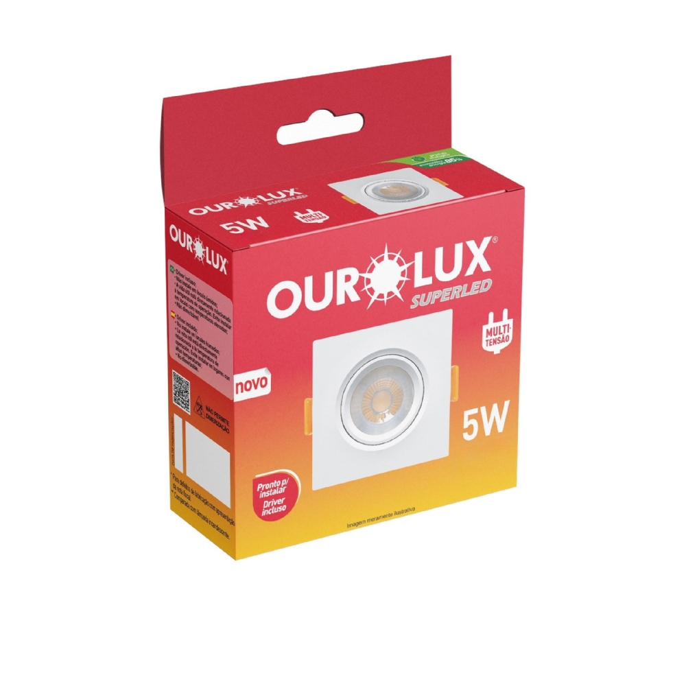 Spot Ourolux SuperLed Quadrado 5W Bivolt 3000K Branco Quente -5603