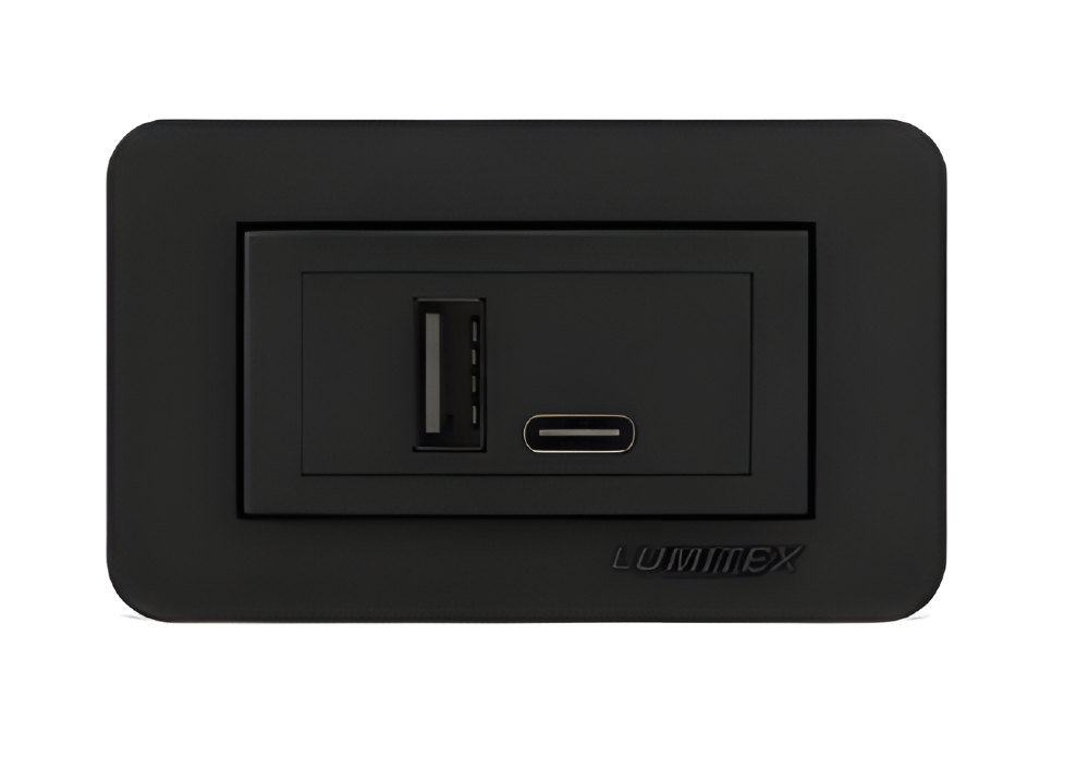 Tomada para marcenaria USB tipo A + USB tipo C 2A Lumitek Preta