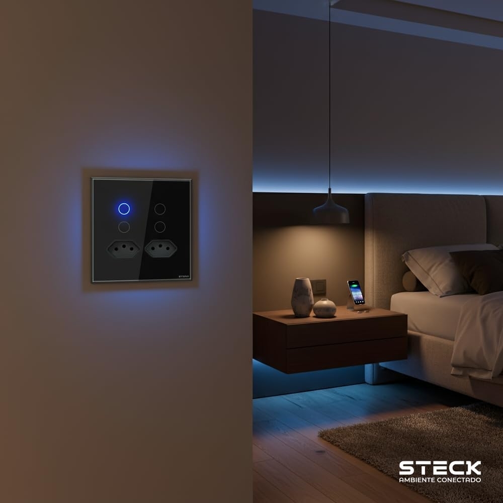 Interruptor Inteligente 4X4 Touch Steck 4 Teclas + 2 Tom. 20a Preto Wi-Fi -SINT4P2P2