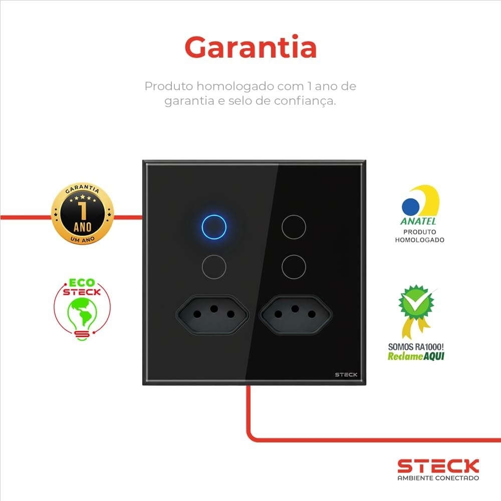 Interruptor Inteligente 4X4 Touch Steck 4 Teclas + 2 Tom. 20a Preto Wi-Fi -SINT4P2P2