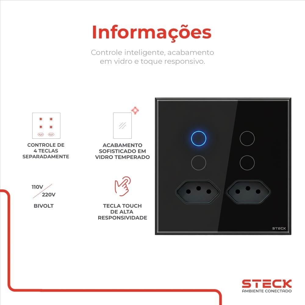 Interruptor Inteligente 4X4 Touch Steck 4 Teclas + 2 Tom. 20a Preto Wi-Fi -SINT4P2P2