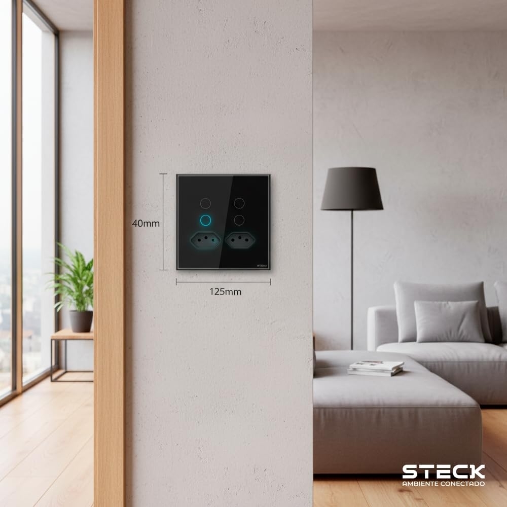 Interruptor Inteligente 4X4 Touch Steck 4 Teclas + 2 Tom. 20a Preto Wi-Fi -SINT4P2P2