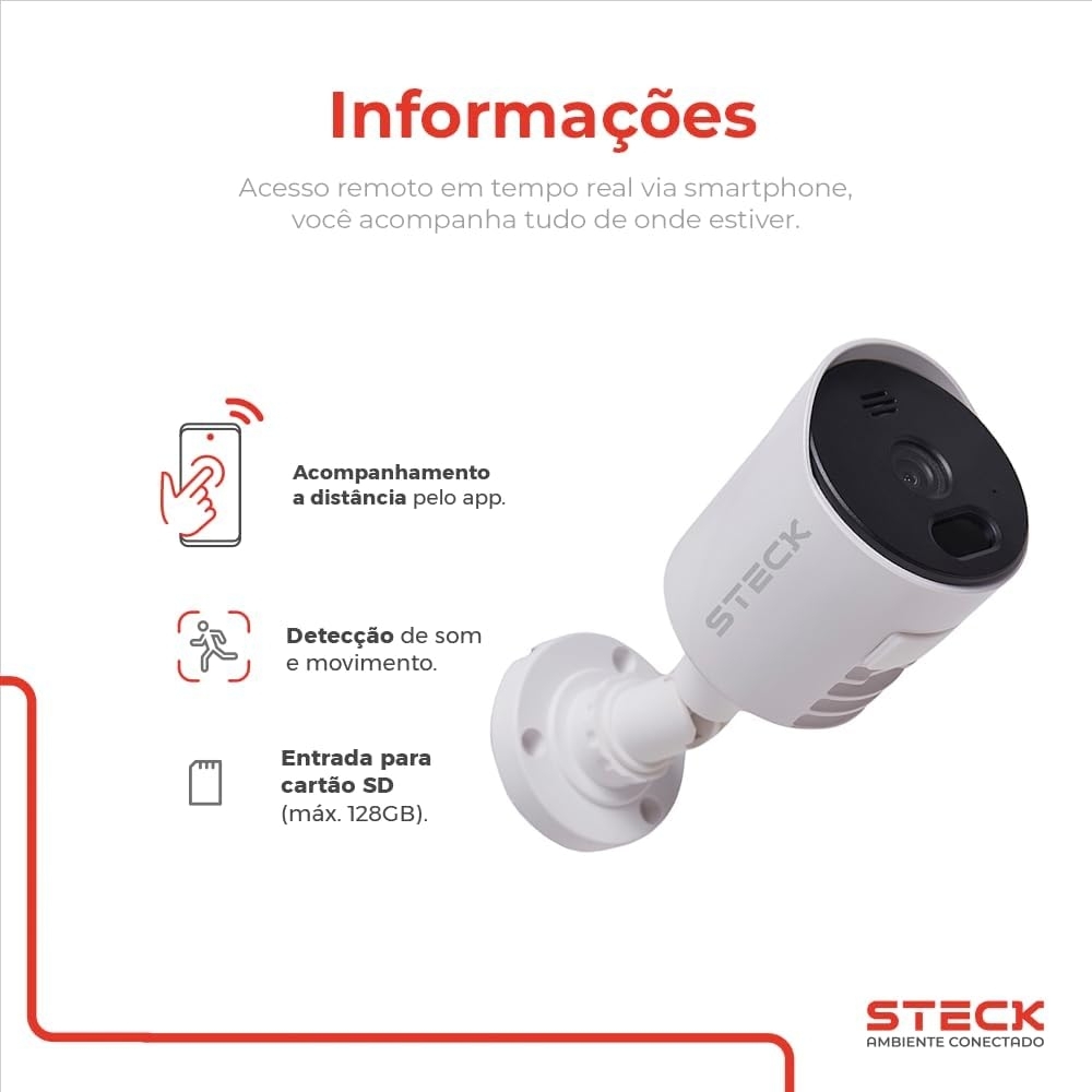 Câmera De Segurança Inteligente Steck Externa Fixa Wi-Fi HD Ip65 -SCAM2BS1