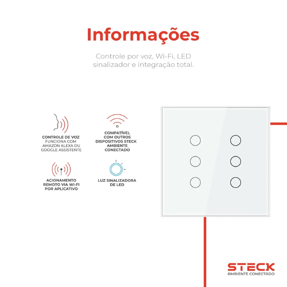 Interruptor Inteligente 4x4 Touch Steck 6 Teclas Branco Wi-Fi -SINT6B2