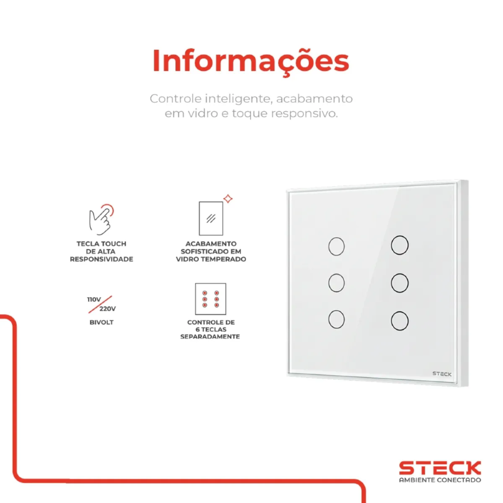 Interruptor Inteligente 4x4 Touch Steck 6 Teclas Branco Wi-Fi -SINT6B2