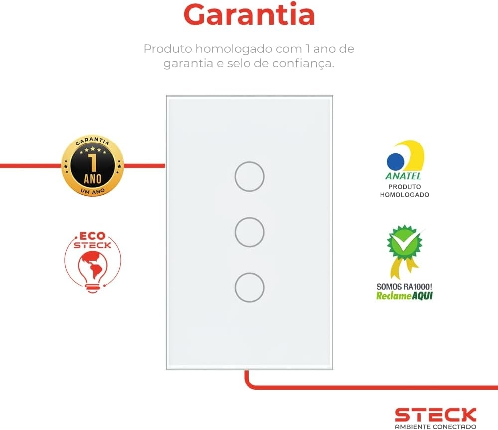 Interruptor Inteligente 4x2 Touch Steck 3 Teclas Branco Wi-Fi -SINT3B1