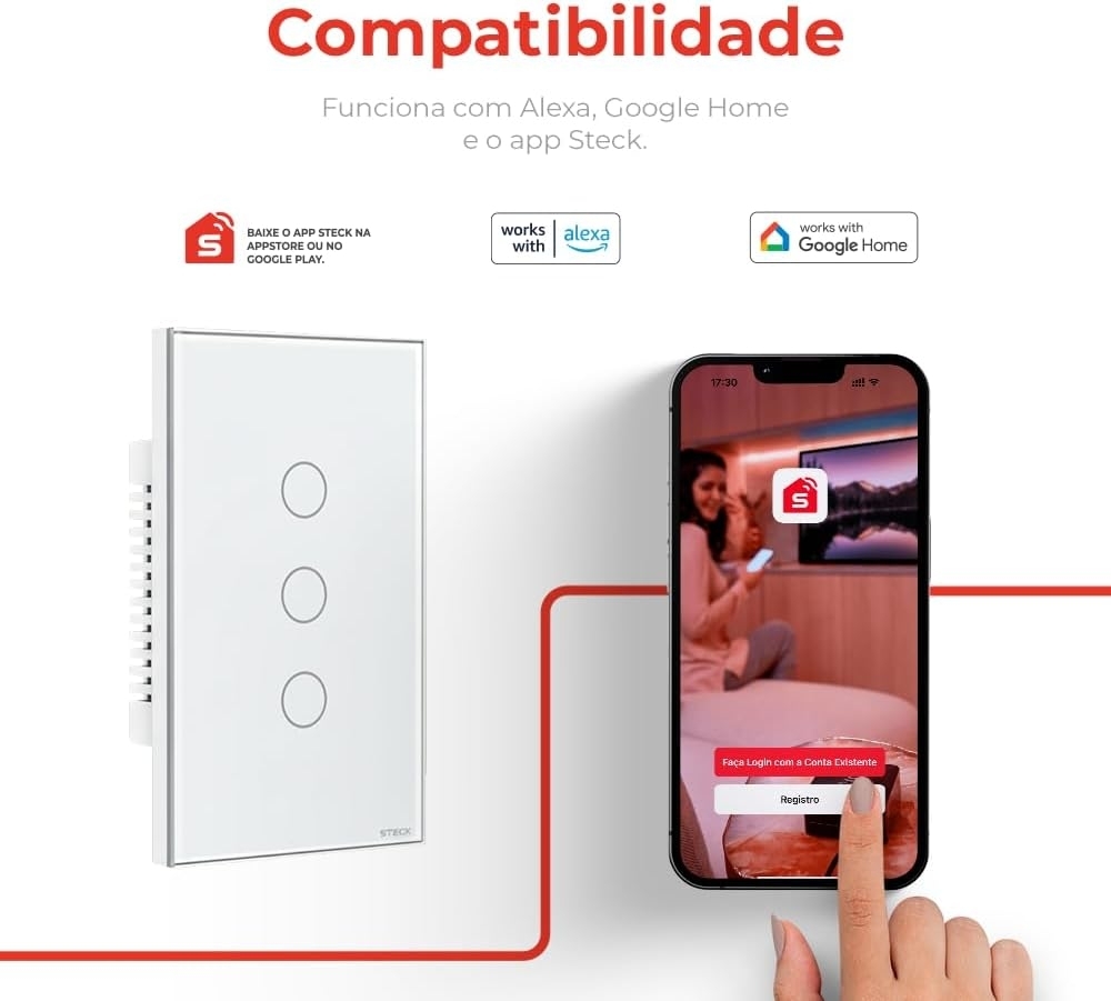 Interruptor Inteligente 4x2 Touch Steck 3 Teclas Branco Wi-Fi -SINT3B1