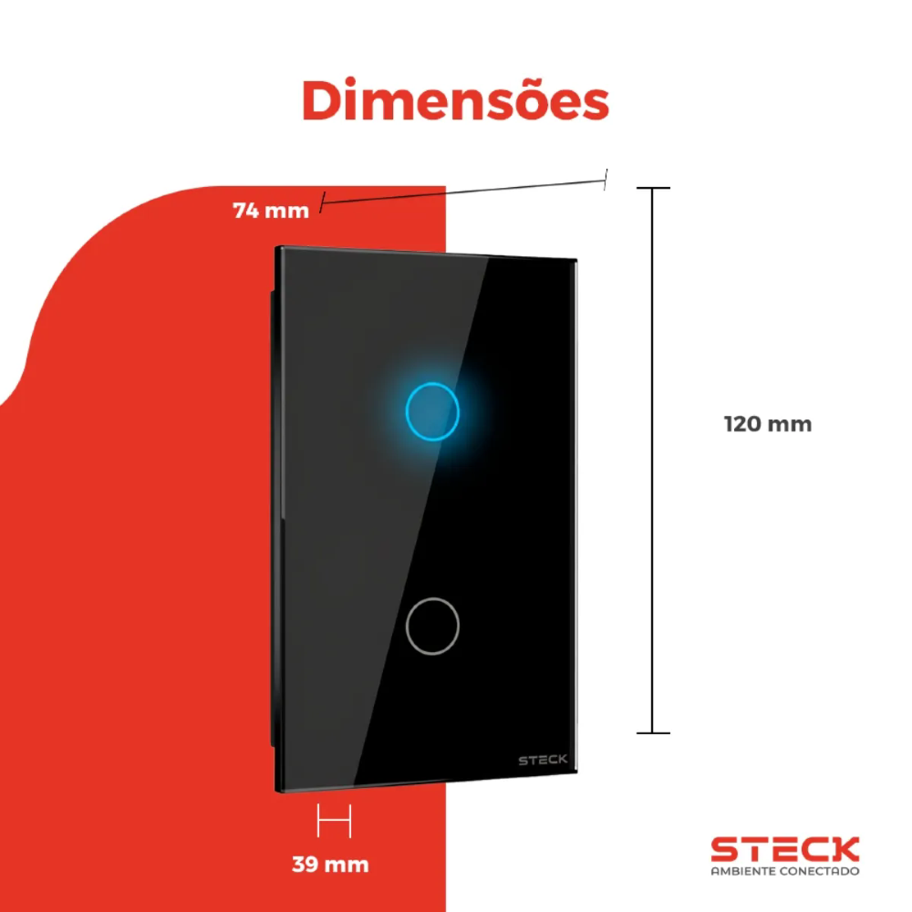 Interruptor Inteligente 4X2 Touch Steck Preto 2 Teclas Wi-Fi -SINT2P1