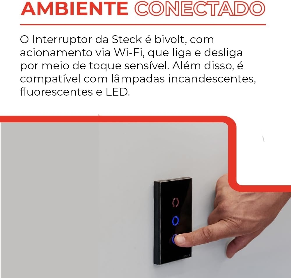 Interruptor Inteligente 4x2 Touch Steck Preto 3 Teclas Wi-Fi -SINT3P1
