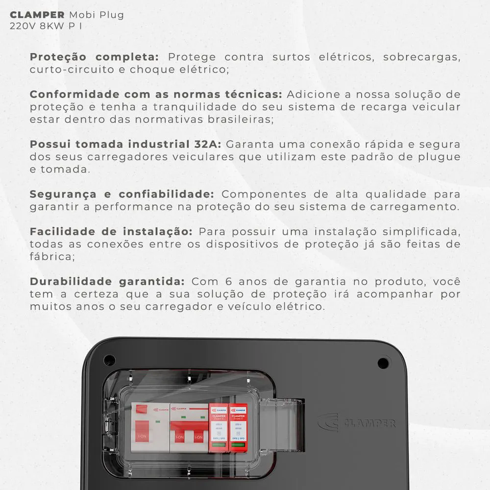 Quadro Proteção P/ Carro eletrico Clamper Mobi box Preto Tomada Industrial 32a 220V 8kw -024053