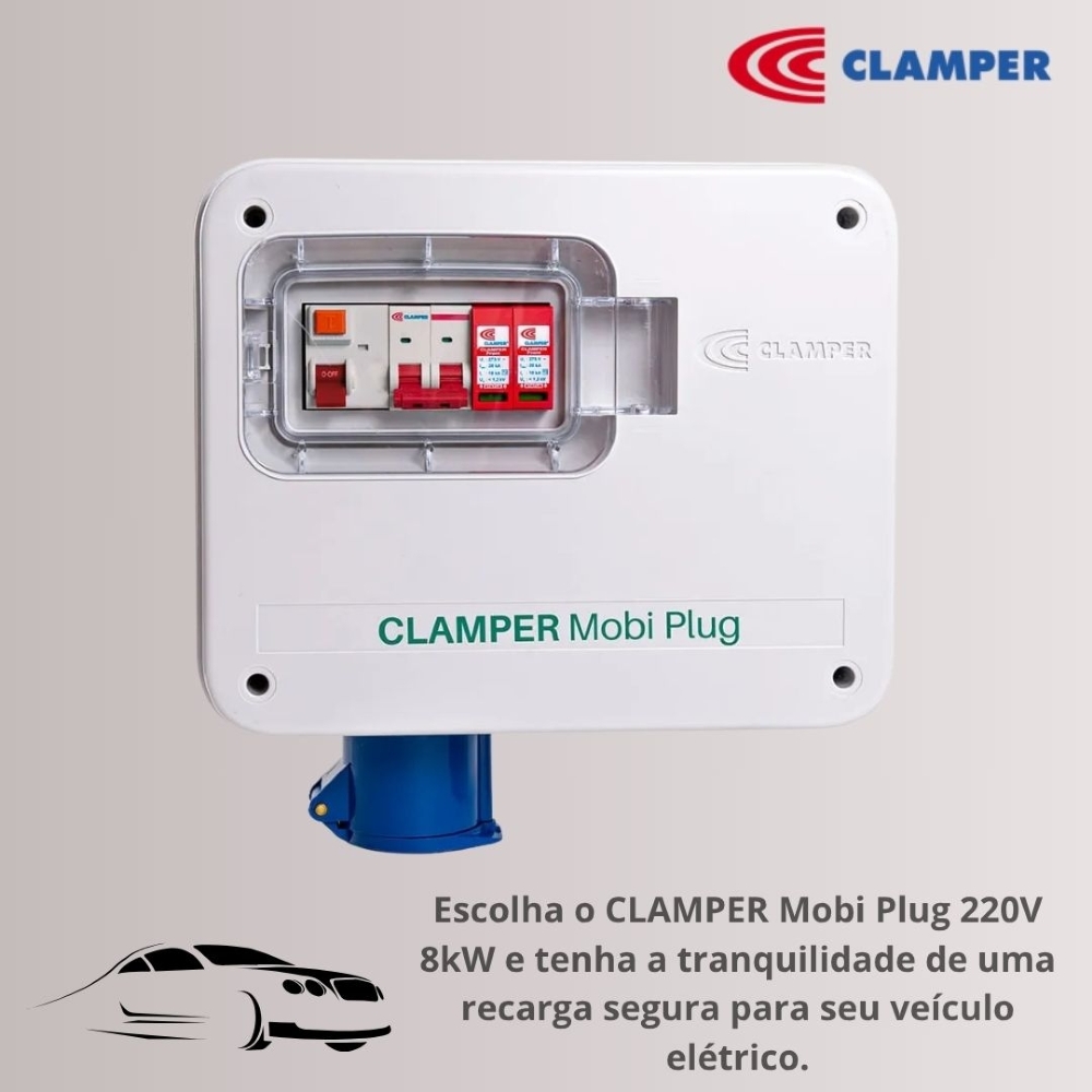 Quadro Proteção P/ Carro eletrico Clamper Mobi box Cinza Tomada Industrial 32a 220V 8kw -024054