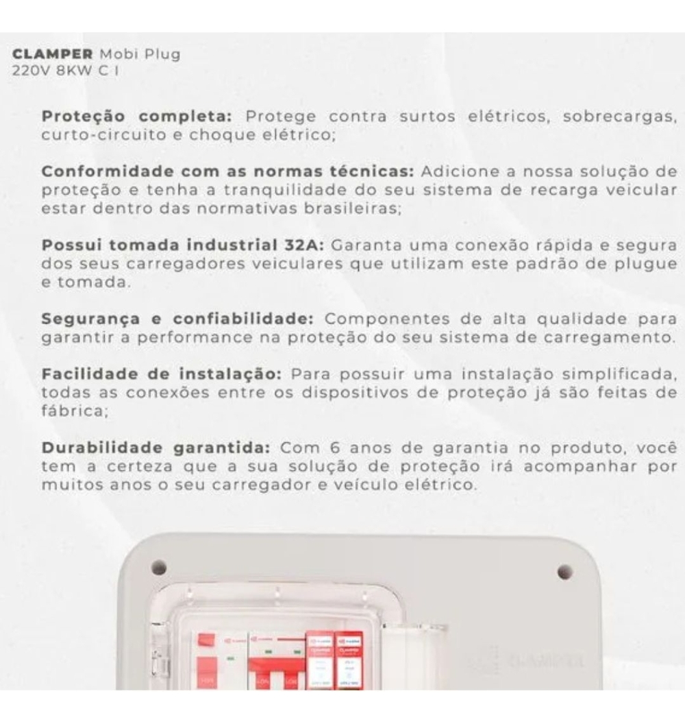 Quadro Proteção P/ Carro eletrico Clamper Mobi box Cinza Tomada Industrial 32a 220V 8kw -024054
