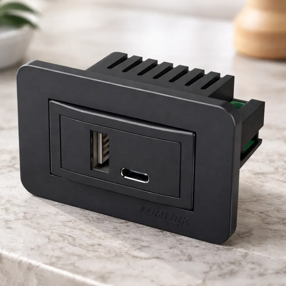 Tomada para marcenaria USB tipo A + USB tipo C 2A Lumitek Preta
