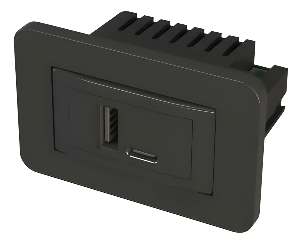 Tomada para marcenaria USB tipo A + USB tipo C 2A Lumitek Preta